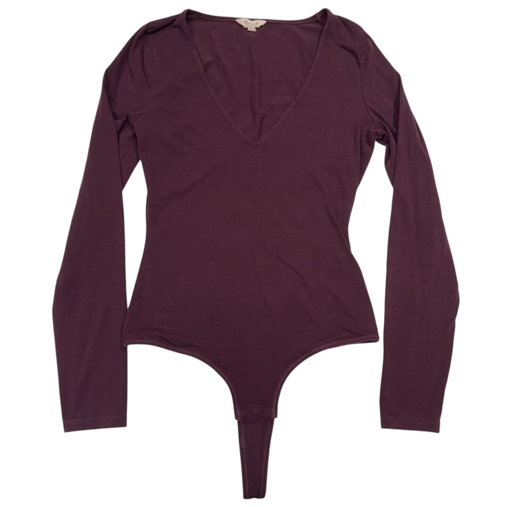 Madewell Long Sleeve Bodysuit Top Thong Size M V-Neck Cotton Blend Preppy